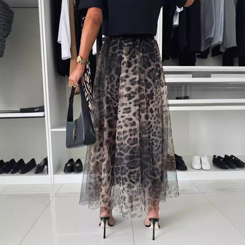 Falda de gasa con estampado de leopardo y malla de moda para mujer