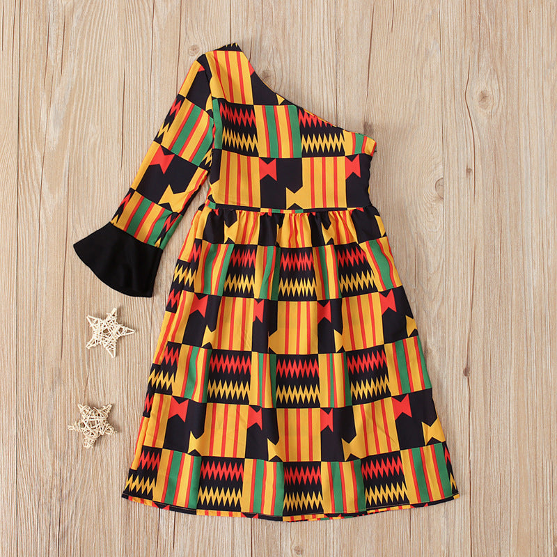 Kids Toddler Girls Casual Color Matching Geometric One-Sleeve Dress