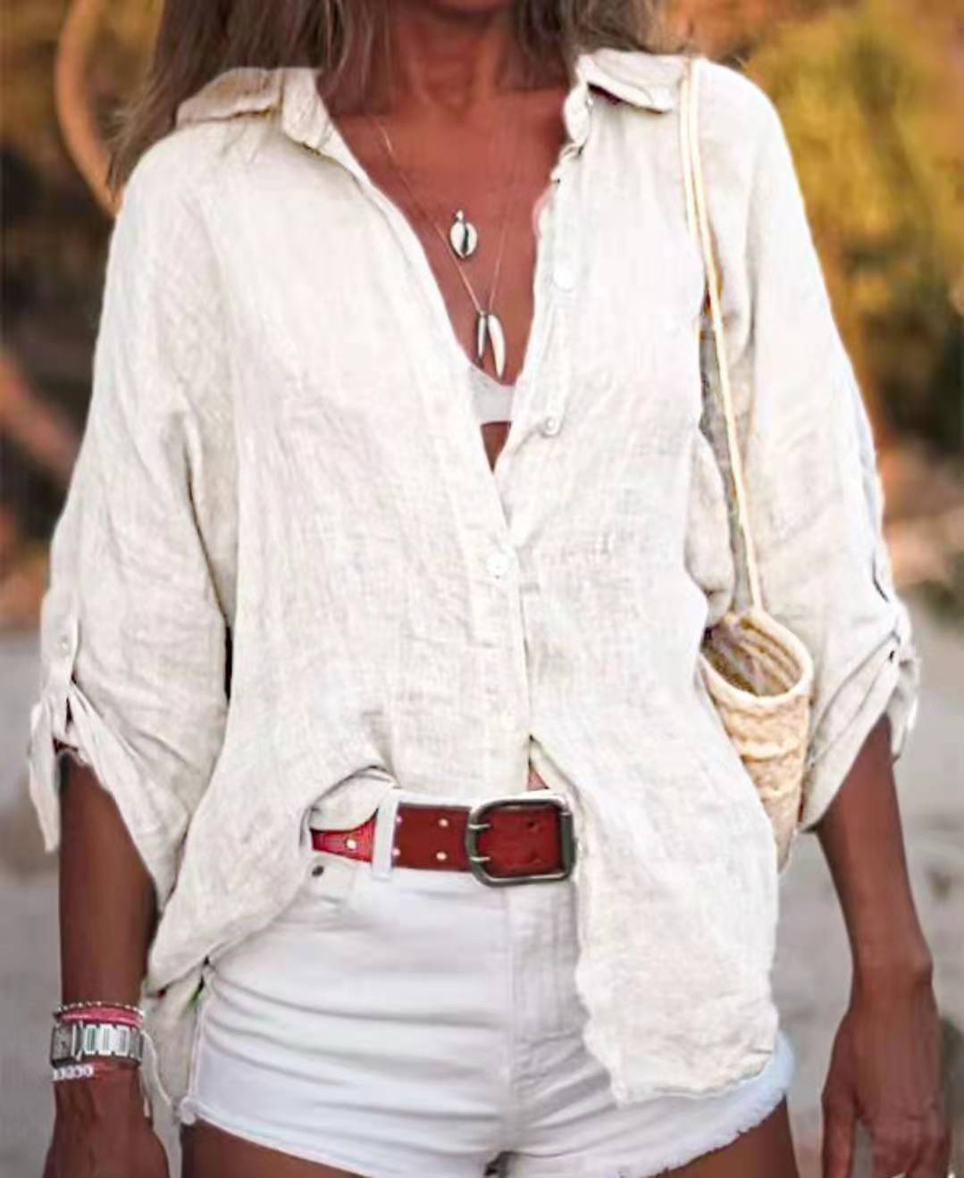 Women Casual Solid Color Long Sleeve Cotton Linen Shirt
