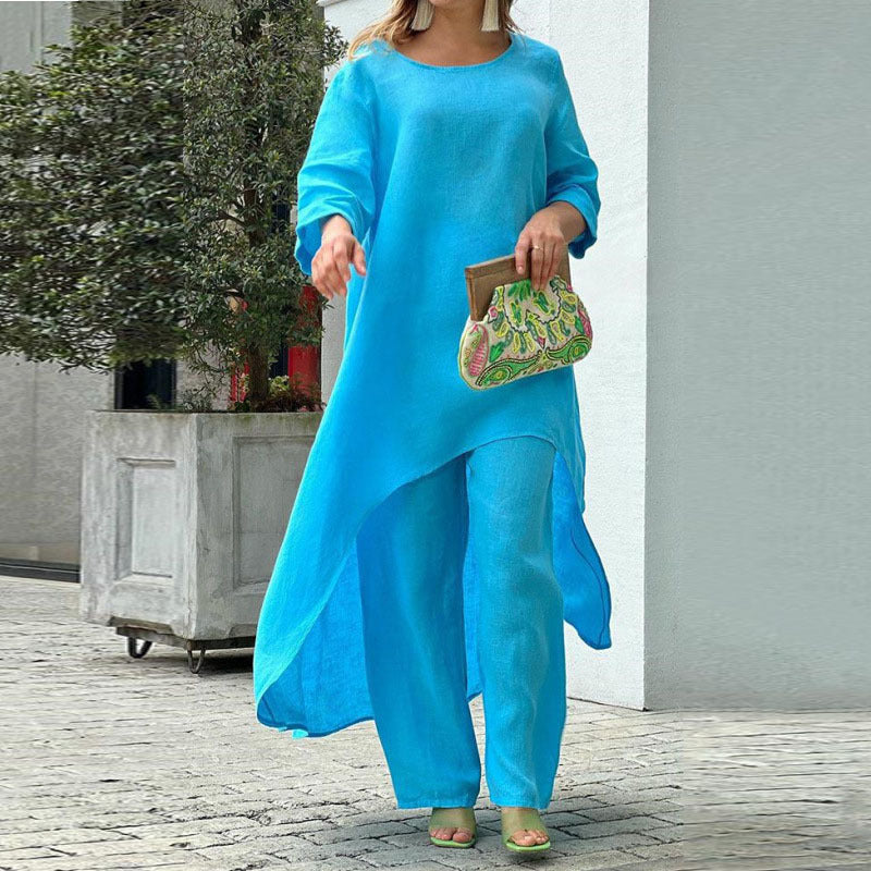 Women Fashion Casual Solid Color Cotton Linen Set