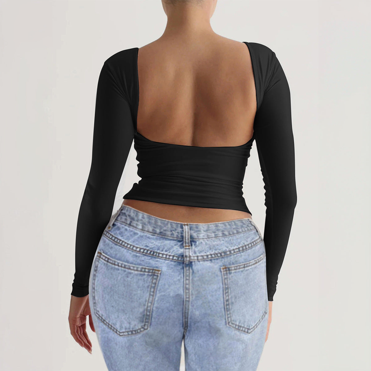 Women Fashion Casual Backless Crewneck Long Sleeve Blank T-Shirt