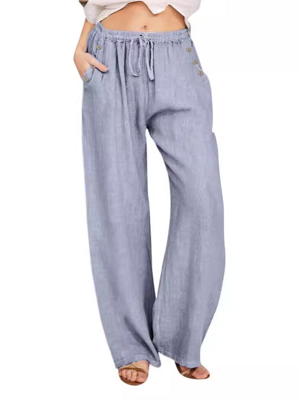 Pantalon décontracté en coton et lin de couleur unie pour femme