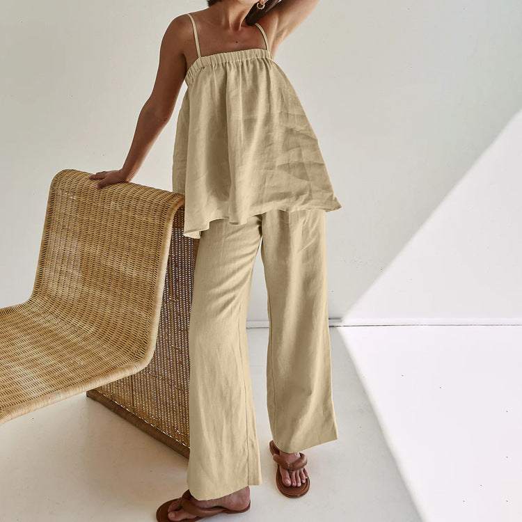 Conjunto de top con tirantes y pierna ancha de color liso a la moda para mujer