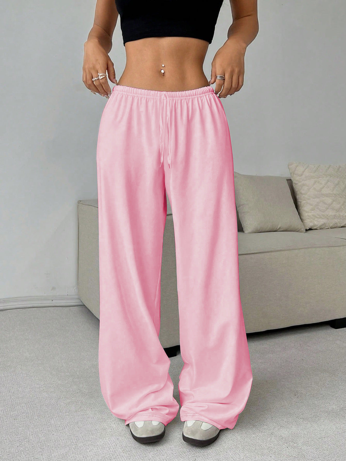 Pantalones casuales sencillos de color sólido con cordones y pierna ancha para mujer