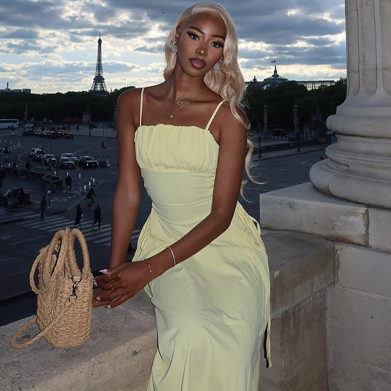 Women Fashion Solid Color Sling Maxi Dress