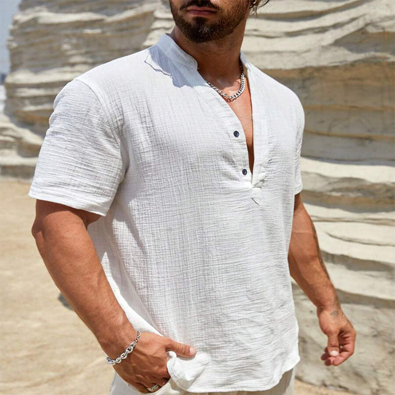 Chemise à manches courtes et col en V pour homme, couleur unie, style loisirs et vacances