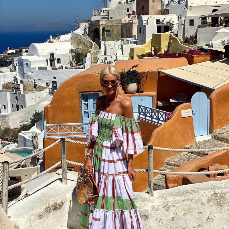 Vestido largo informal de verano para mujer, con rayas, hombros descubiertos, manga corta y volantes
