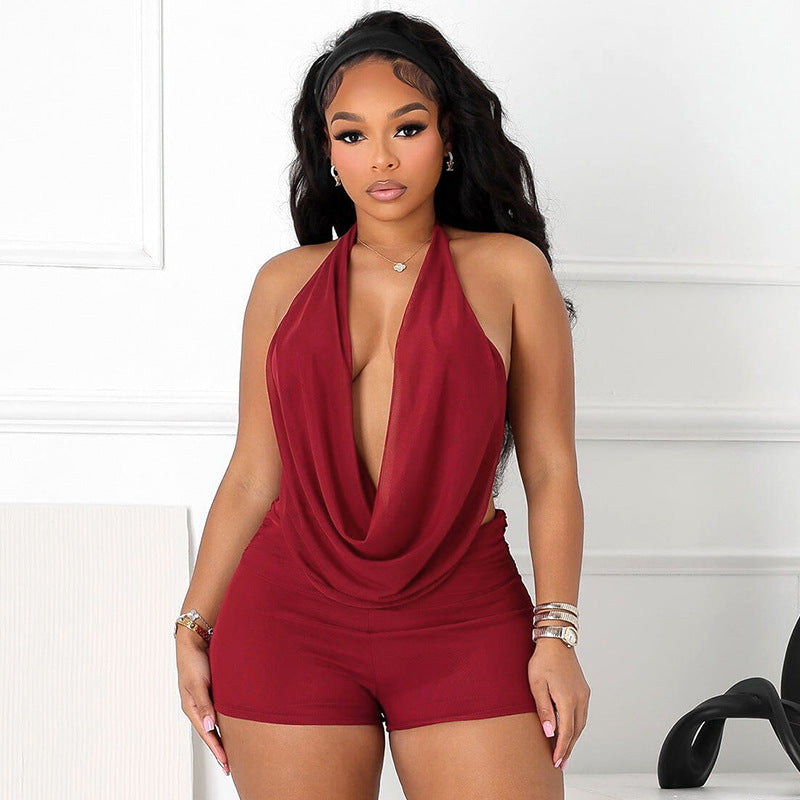 Women Fashion Halter Neck Backless Tank Top and Tight Shorts Two-Piece Set