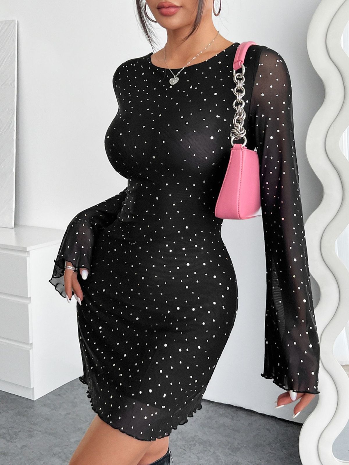 Women Fashion Elegant Mesh Sequins Long Sleeve Dress for Street Style