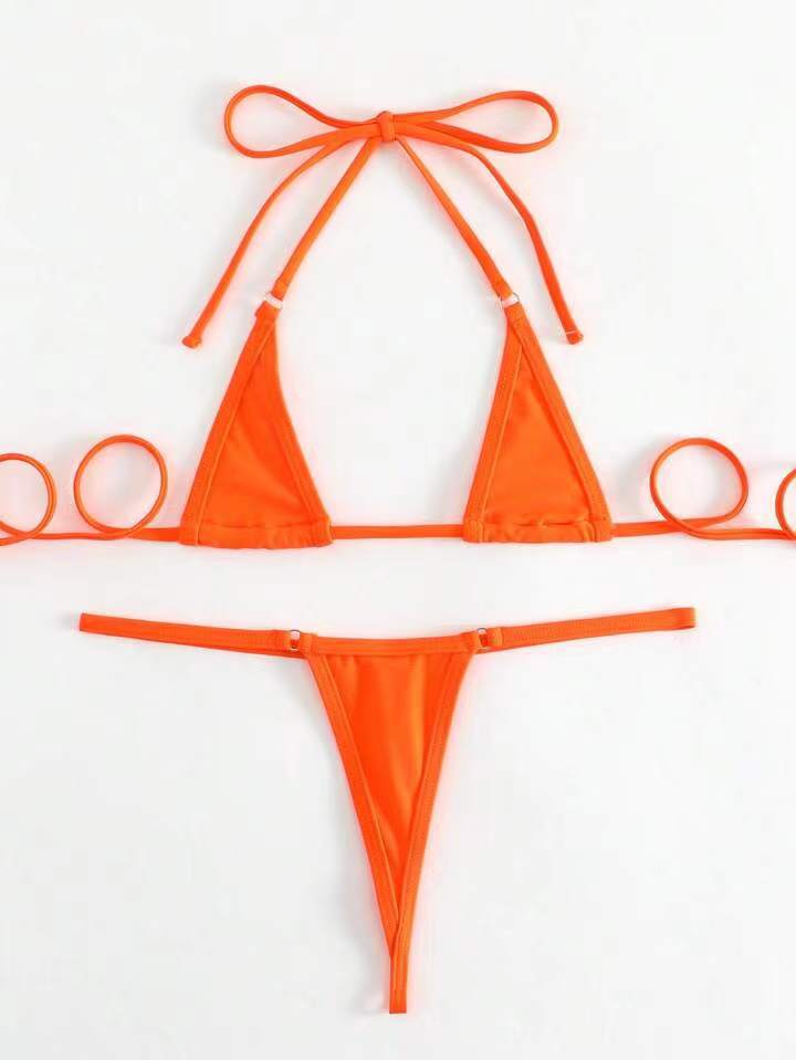 Women Solid Color Nylon Bikini Swimsuit with Lace-Up Design