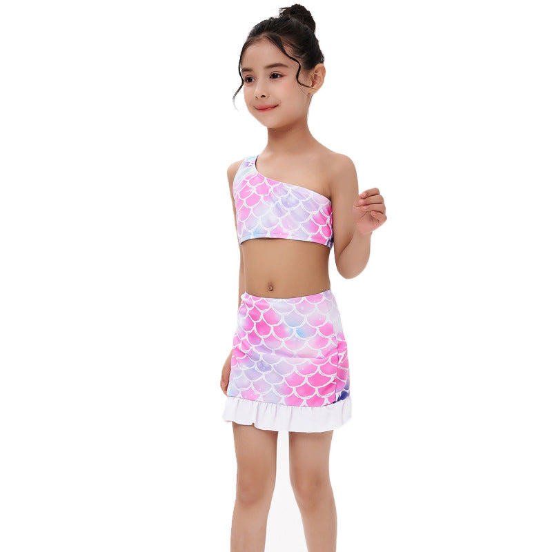 Traje de baño de tres piezas con estampado de sirena para niña