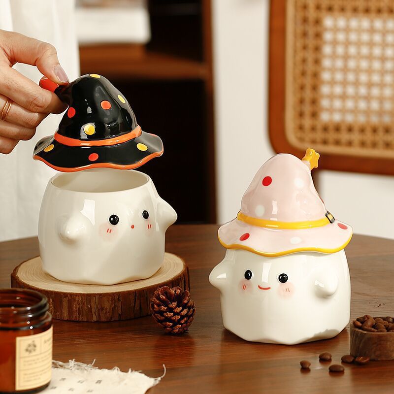 Taza de café de cerámica con tapa de fantasma de Halloween