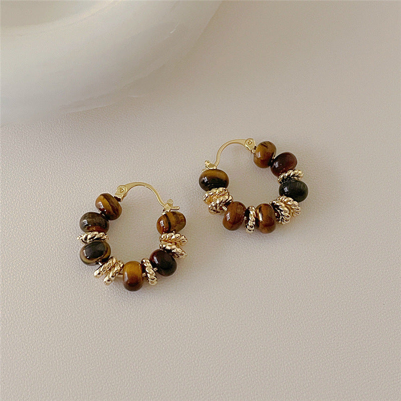 Boucles d'oreilles rétro en perles d'œil de tigre pour femmes, style Maillard Wind