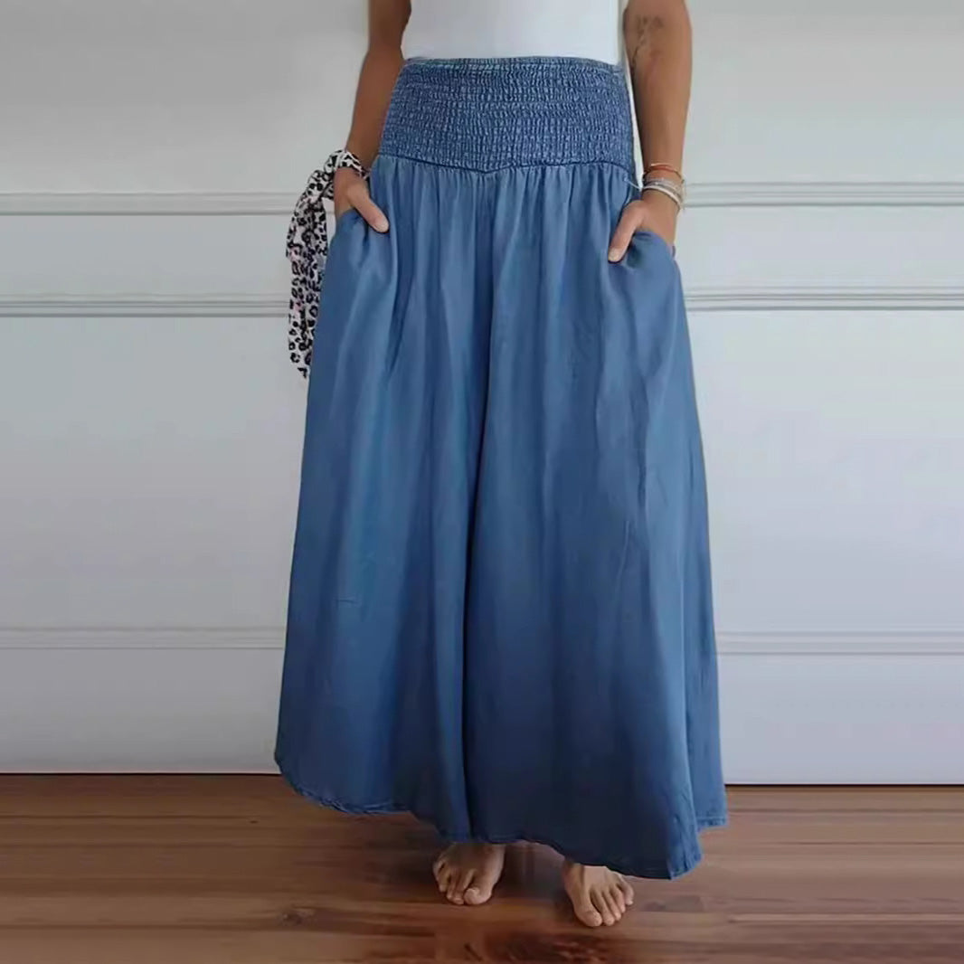 Pantalones casuales de cintura alta y pierna ancha para mujer, poliéster