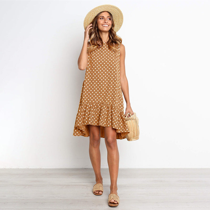 Minivestido playero bohemio de verano con lunares, sin mangas y volantes para mujer