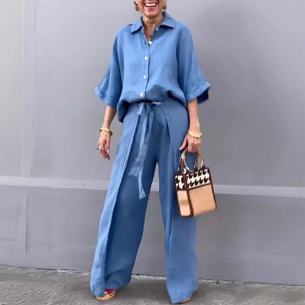Women Fashion Casual Cotton Linen Laple Top Pants Set