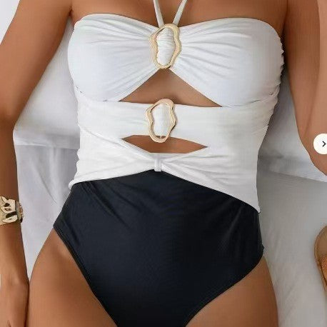 Women Fashion Sexy Contrast Color Halter-Neck Swimsuit