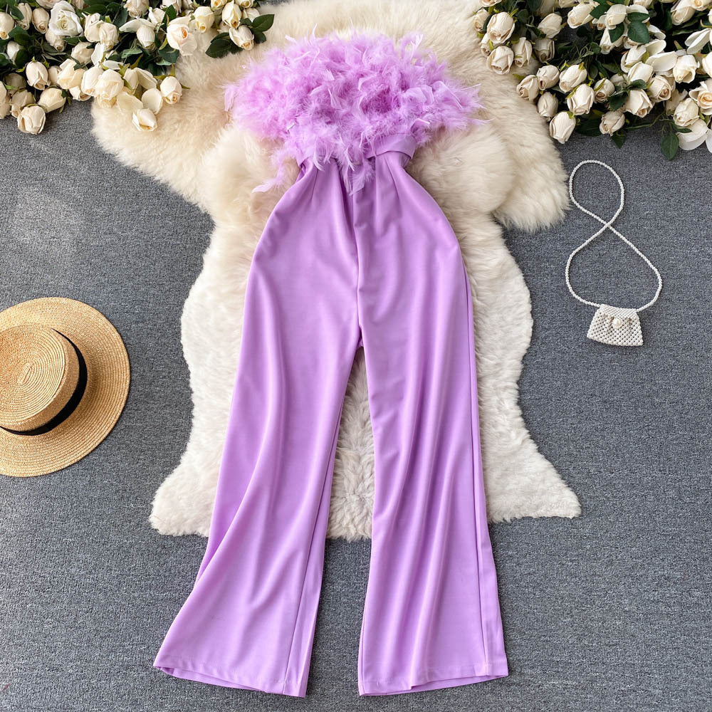 Fashion Women Pink Feather Strapless Summer Jumpsuit