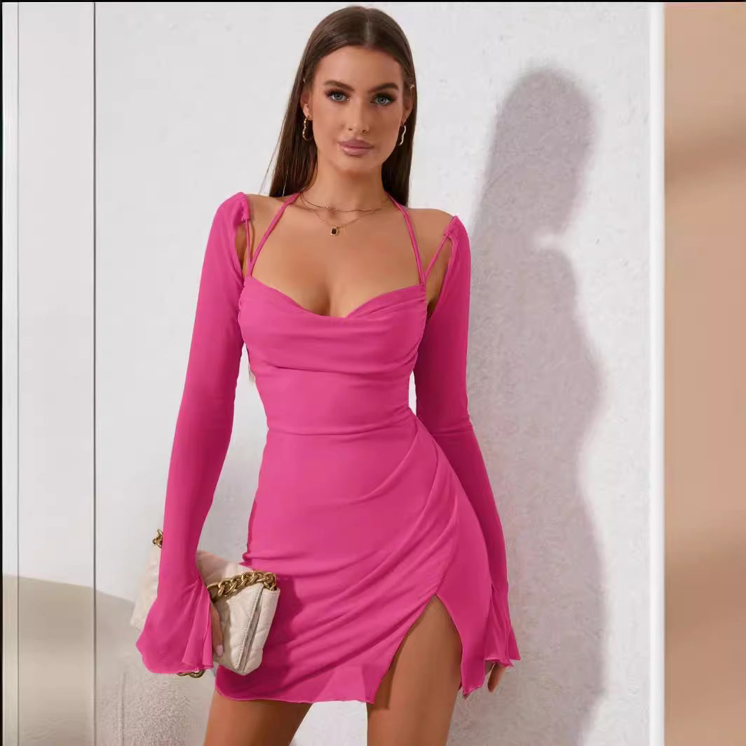 Robe sexy à lacets et col en V pour femme avec fente
