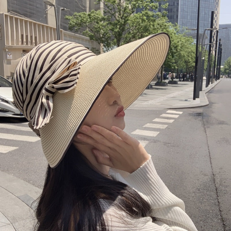 Sombrero de paja tejido con lazo a rayas para mujer, moda de verano