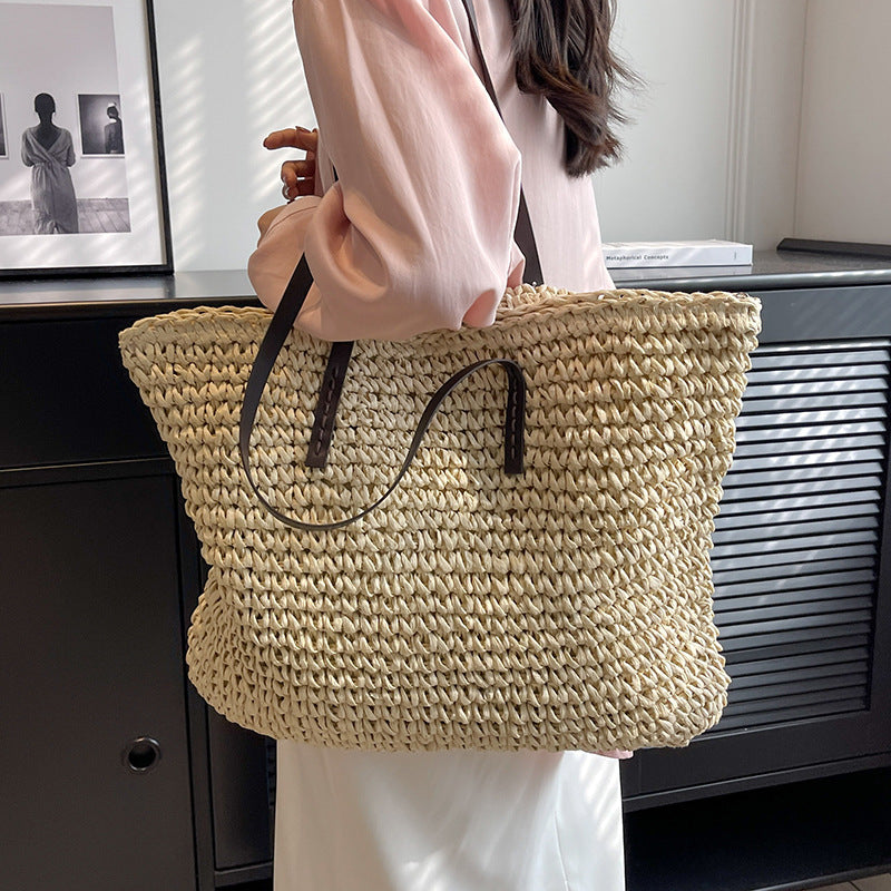 Bolso tote tejido de paja de color sólido, informal, de moda para mujer, con gran capacidad