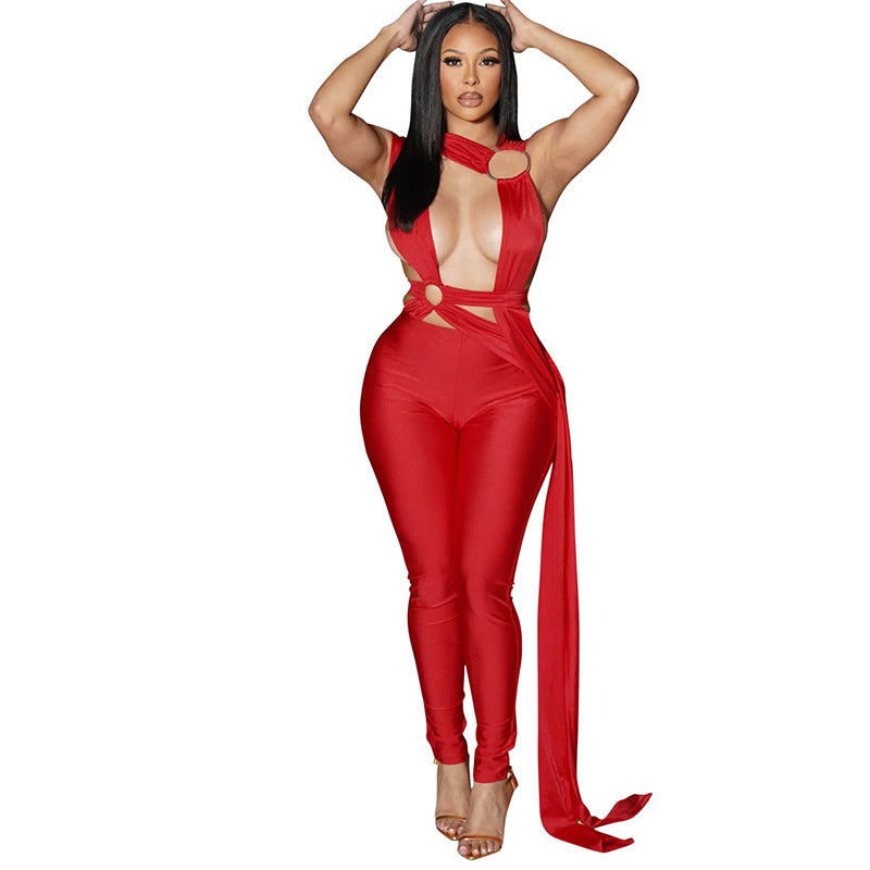 Women Sexy Irregular Strap Sleeveless Jumpsuit in Milk Silk