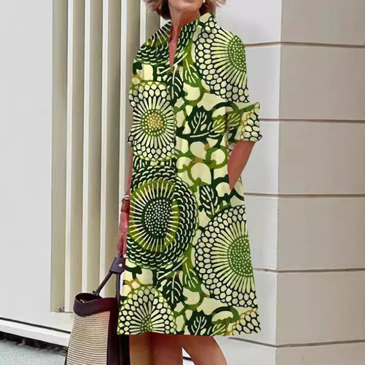 Vestido informal de manga larga con solapa y estampado para mujer