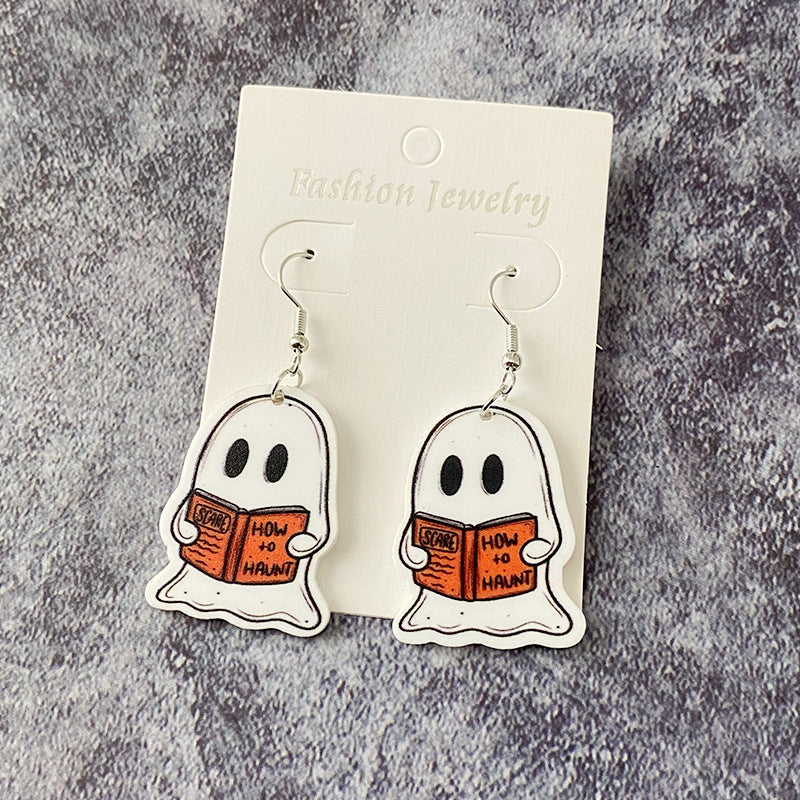 Pendientes acrílicos divertidos y creativos de gato fantasma para Halloween para mujer