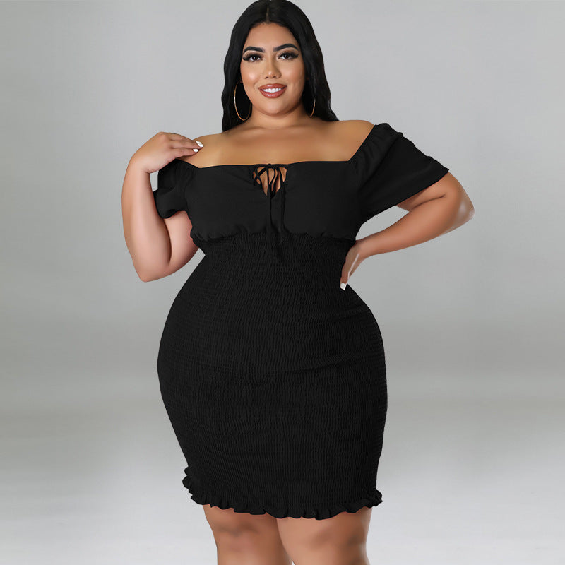 Women Solid Color Off Shoulder Short-Sleeve Dress