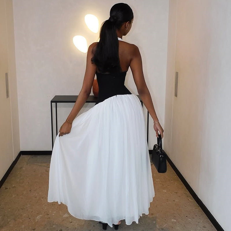 Women Fashion Black White Stitching Halter Maxi Dress