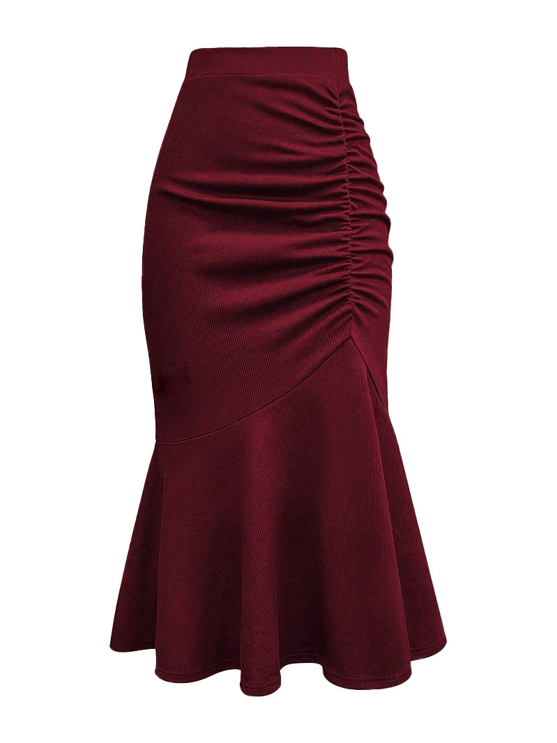 Women Casual Solid Color Pleated Fishtail Midi Skirt