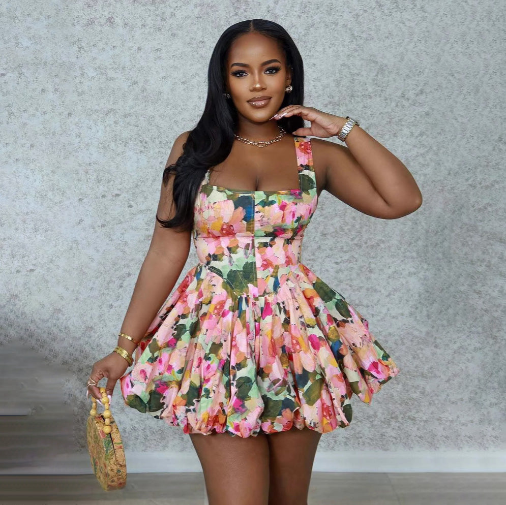 Vestido de mujer con estampado floral, sin mangas, espalda descubierta y burbujas - Estilo A corto