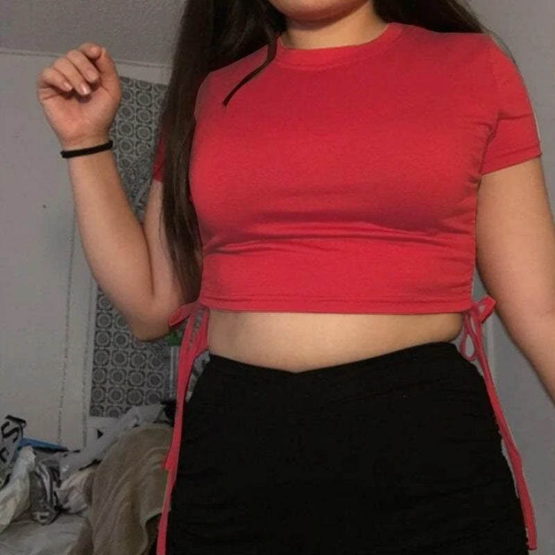 Top corto de manga corta con cordón ajustable, sexy, de color liso, a la moda para mujer