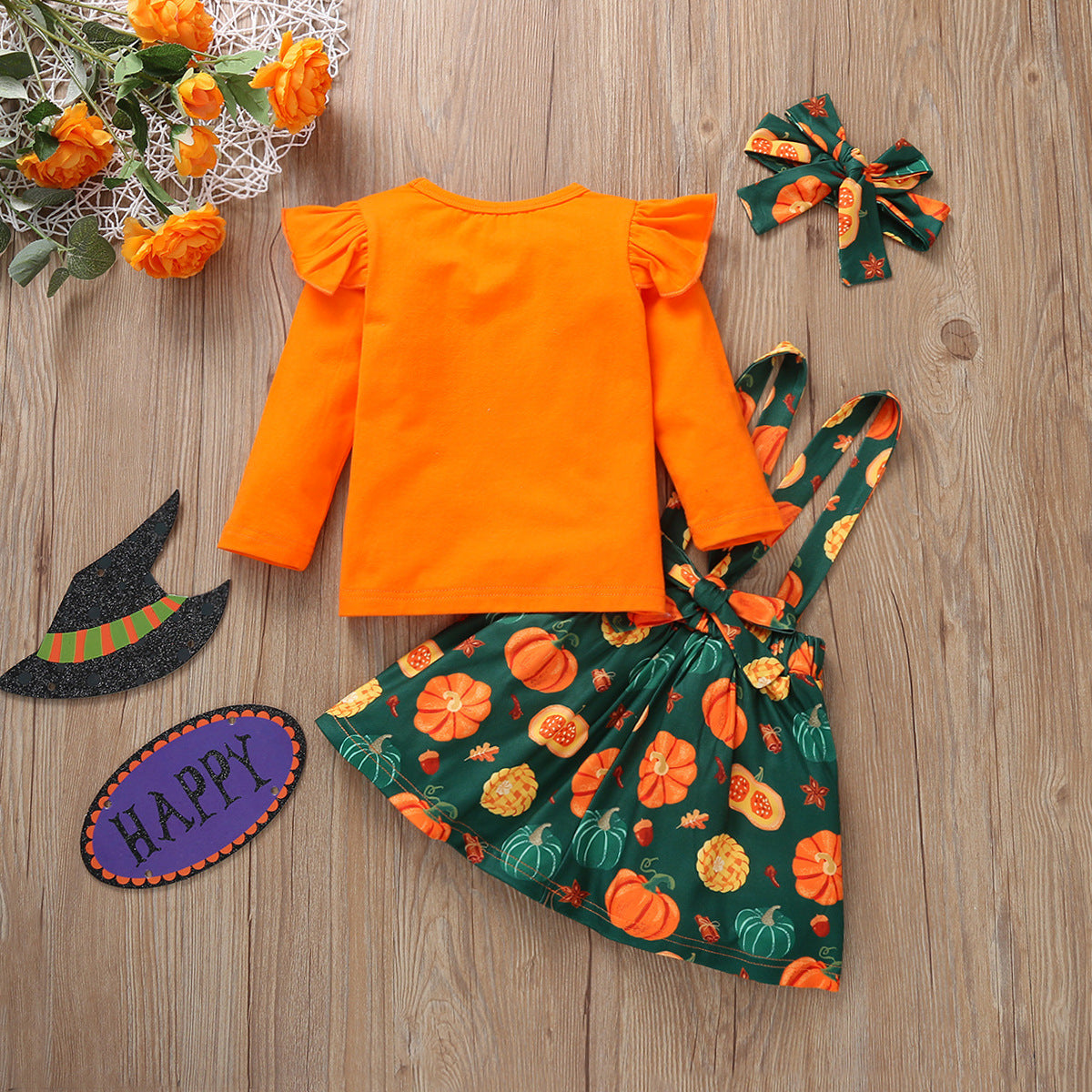 Vestido informal de manga larga con estampado de calabaza para niñas pequeñas