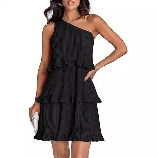 Women Fashion Sexy Solid Color Spliced Ruffled Dress