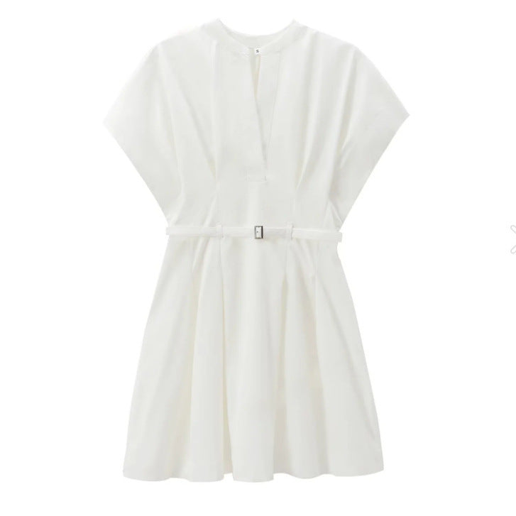 Robe d'été plissée à col en V pour femme, style bureau chic, en coton uni