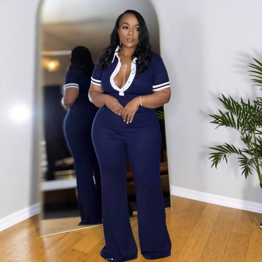 Women Fashion Casual Color-Contrast Lapel V-Neck Jumpsuits
