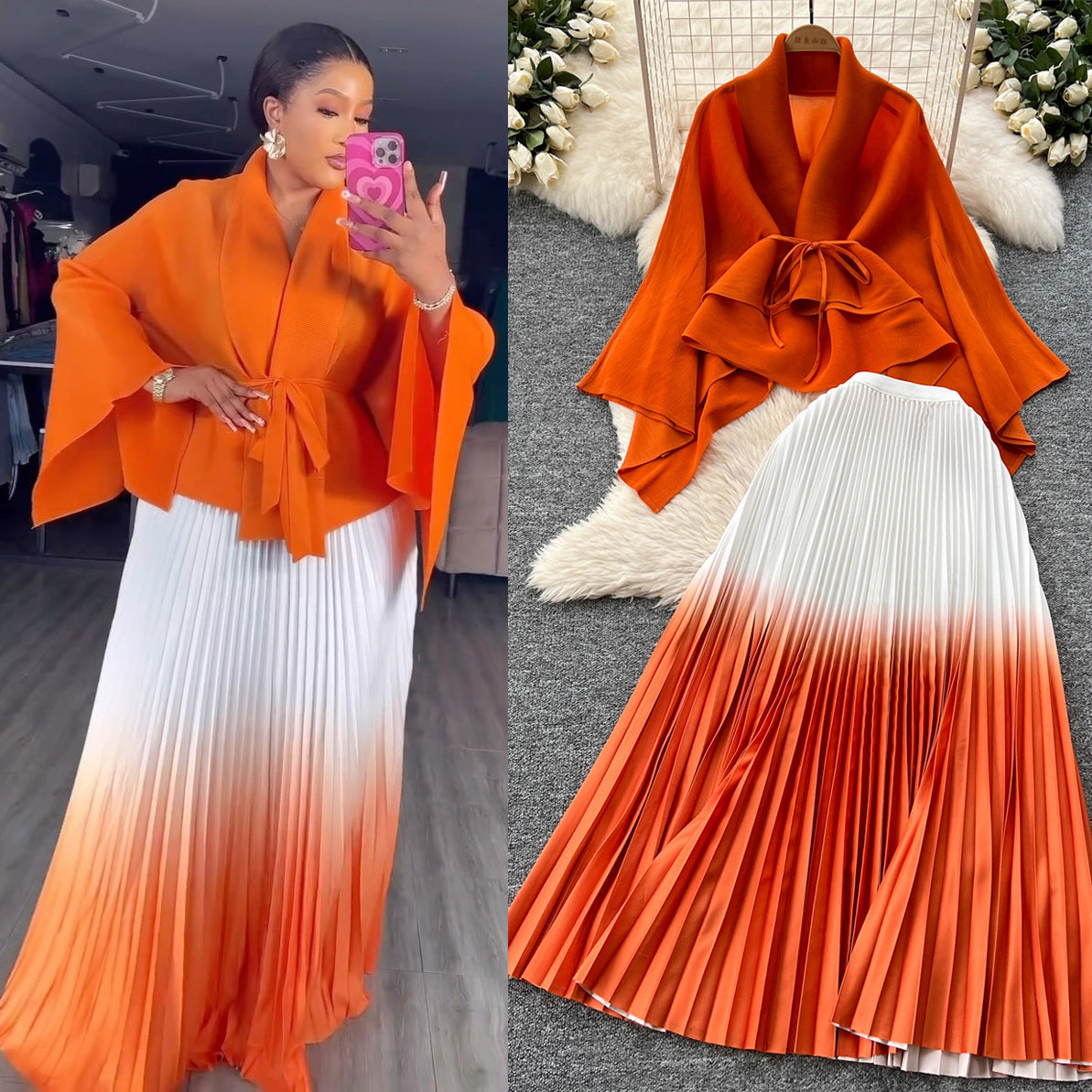 Women Gradient Color Lace-Up Blouse Pleated Skirt Set