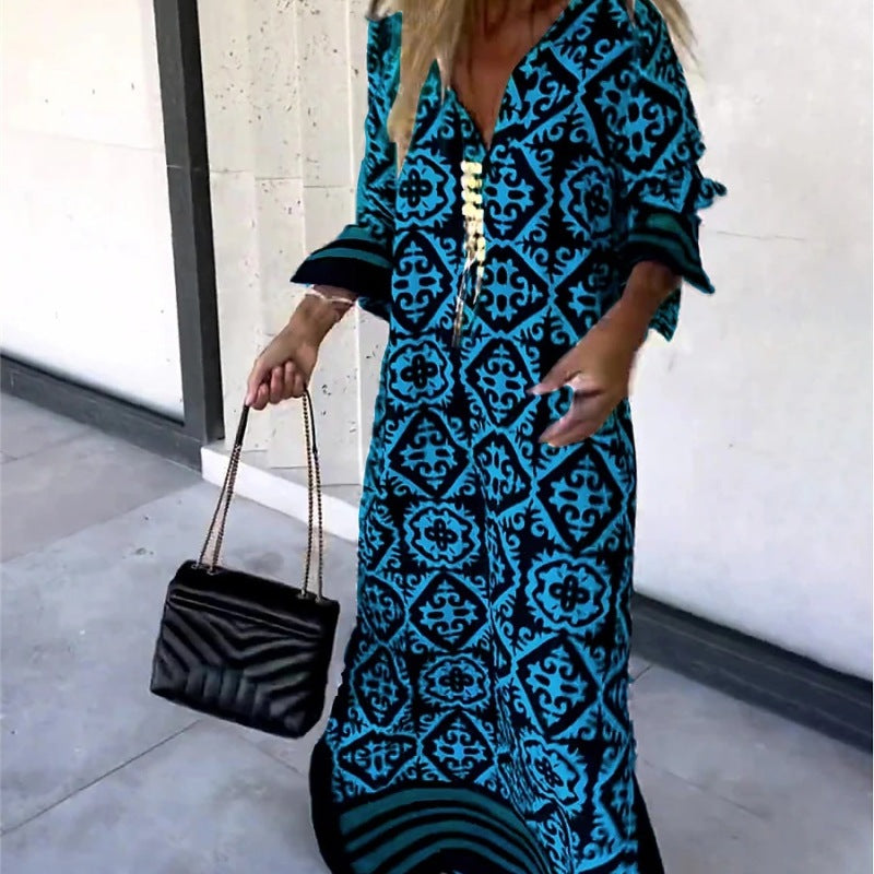 Women Casual Boho Style Geometry Stripe Print Long Sleeve V Neck Maxi Dress