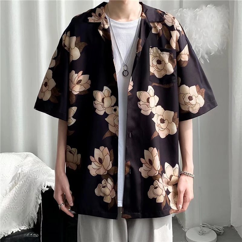 Camisa informal vintage con estampado de flores diminutas para hombre