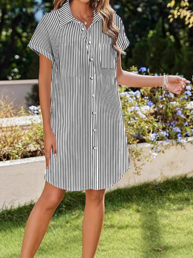 Vestido informal de manga corta con solapa y rayas para mujer