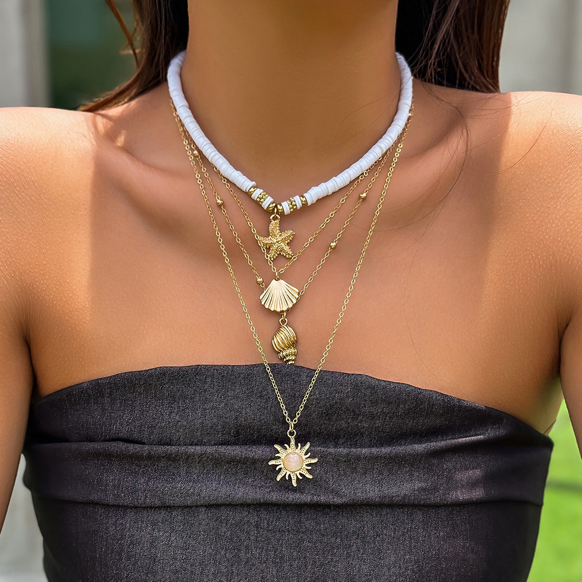 Collar multicapa sencillo con girasoles bohemios para mujer