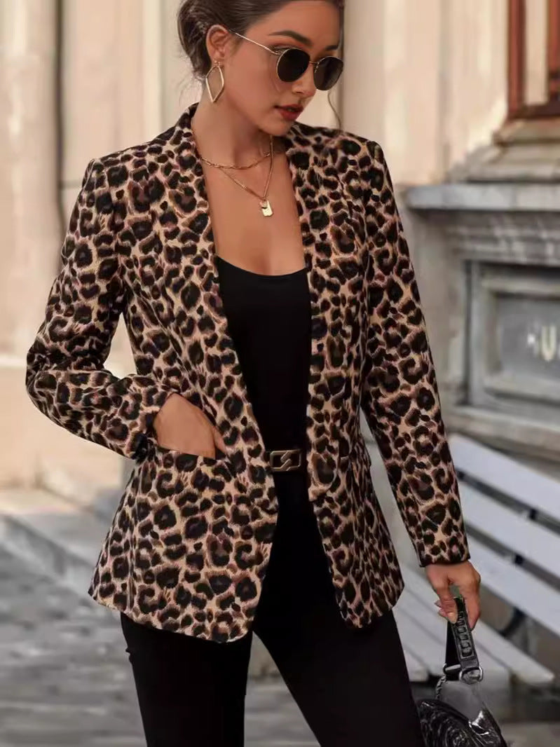 Manteau décontracté à manches longues en laine léopard pour femme