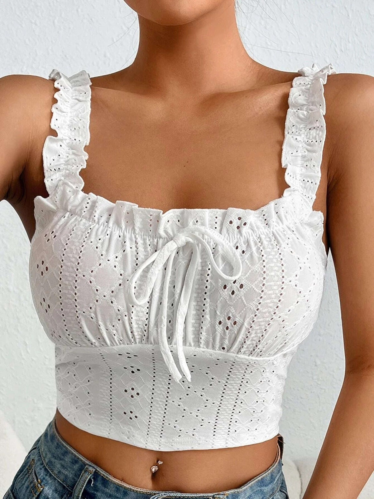Women Fashion Solid Color Lace Cut-Out Cropped Top