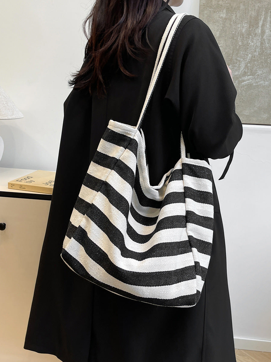 Sac fourre-tout simple et décontracté en toile à rayures de grande capacité