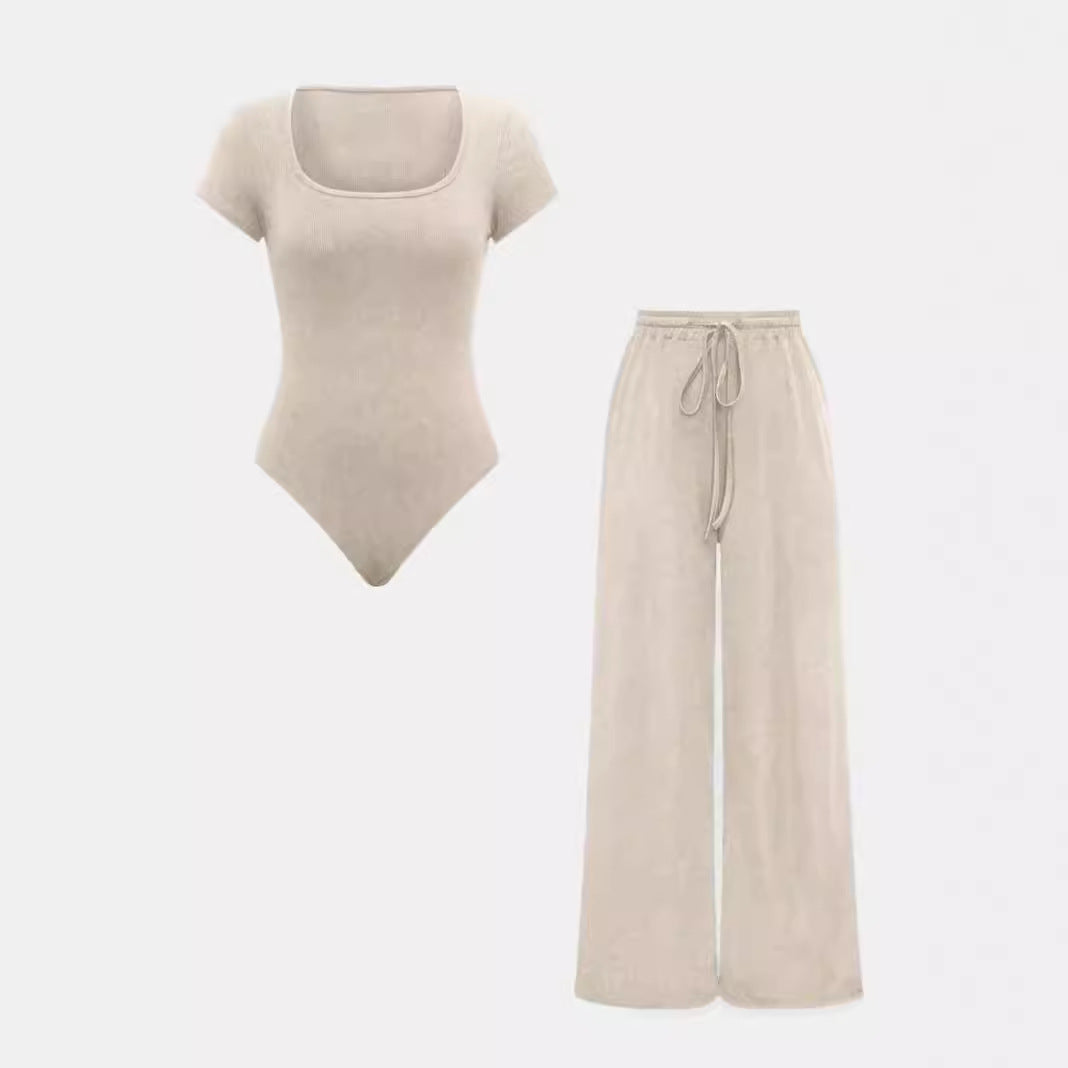 Ensemble pantalon et body côtelé de couleur unie pour femme