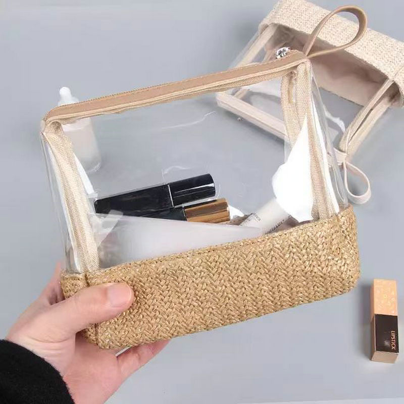 Bolsa de cosméticos portátil de paja para mujer