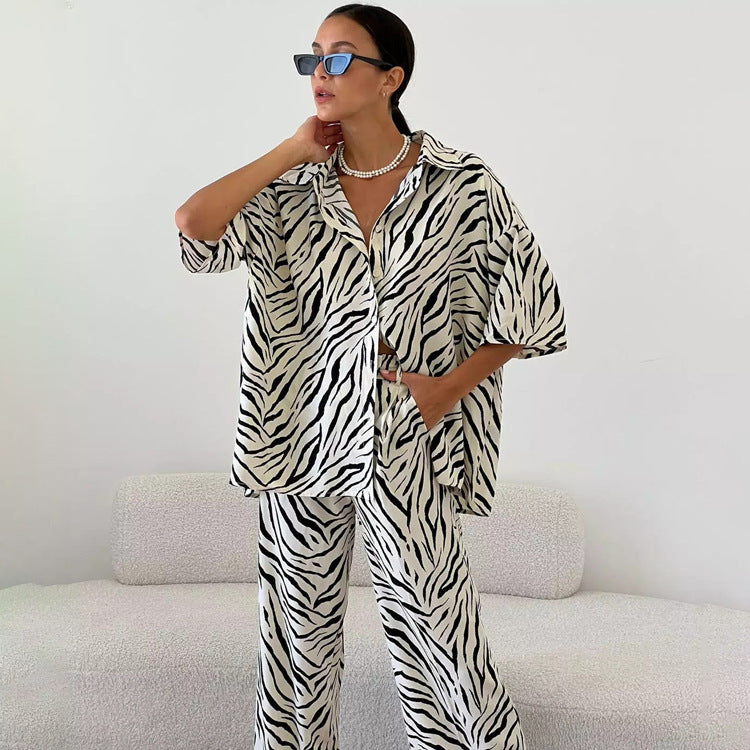 Women Casual Satin Stripe Blouse and High Waist Pants Set