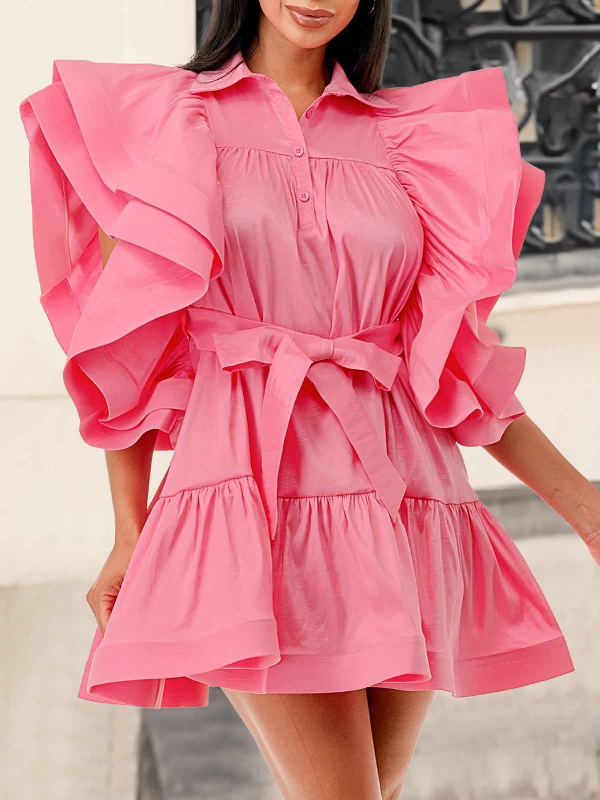 Vestido elegante de color liso con mangas con volantes para mujer