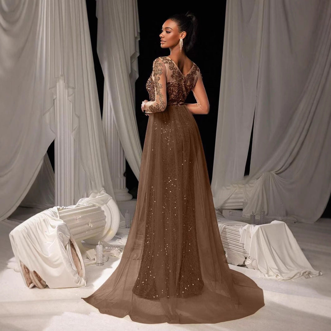 Women Fashion Elegant Solid Color Lace Sequins Long Sleeve Party Dress
